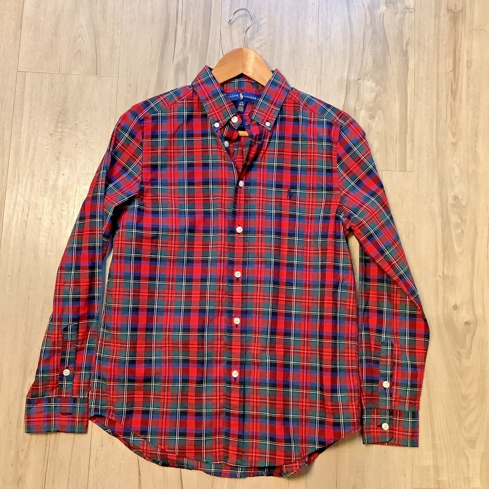 Boys Ralph Lauren Shirt Logo Tartan Plaid Long Sleeve Button Down Red - L 14-16